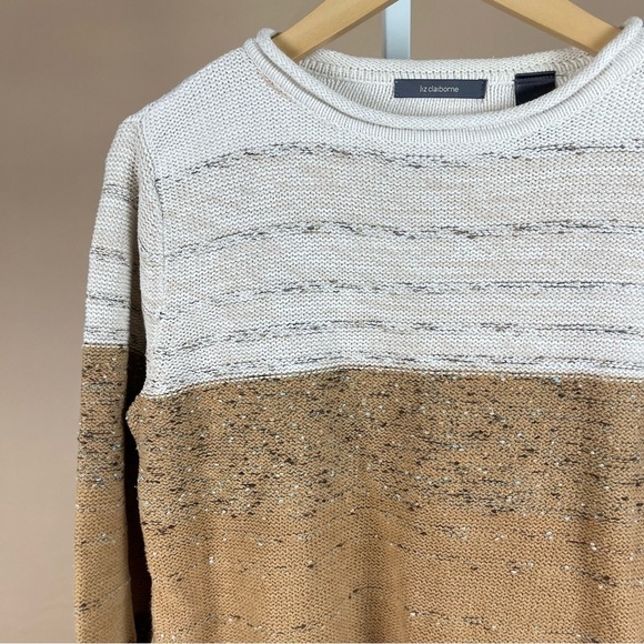 Liz Claiborne Size Medium Neutral Colorblock Stripe Crewneck Sweater Textured - Picture 6 of 6